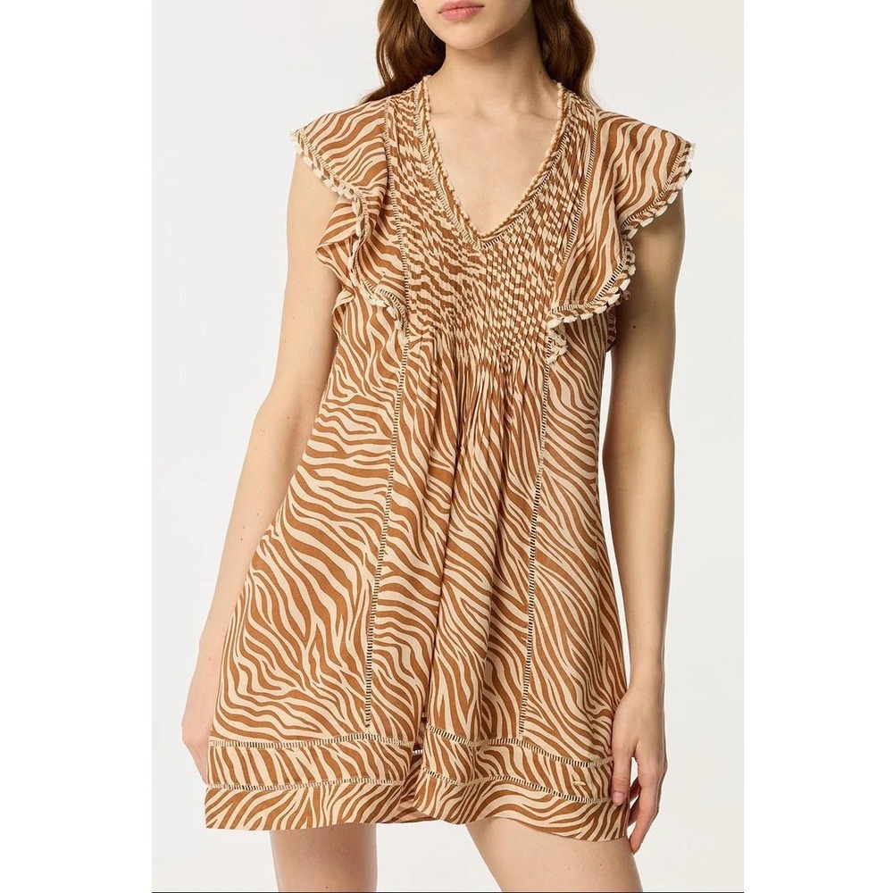 Poupette St Barth Camelia Mini Dress Women Ivory Tan Zebra Ruffle V Neck Boho
